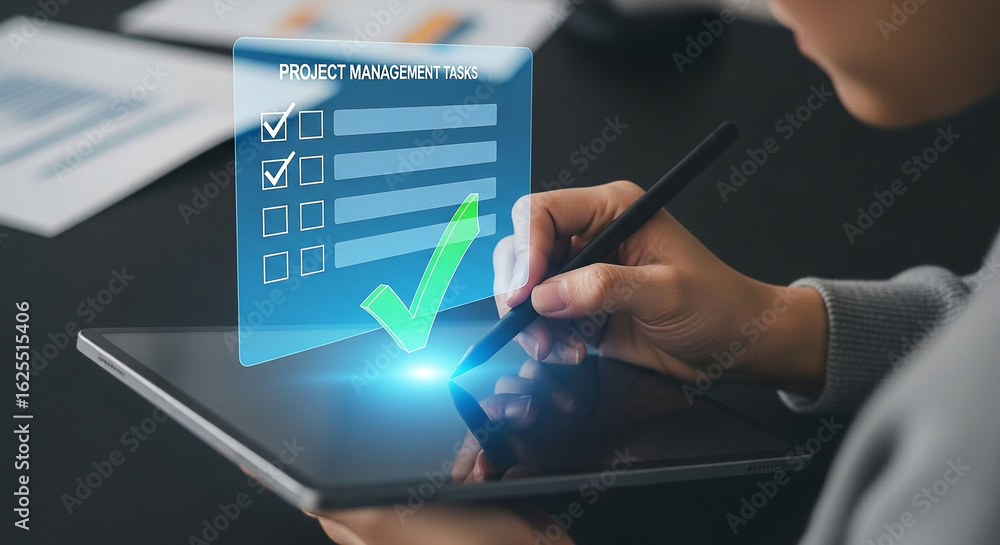 Aufkleber project management tasks checklist on tablet for productivity and efficiency improvement strategy