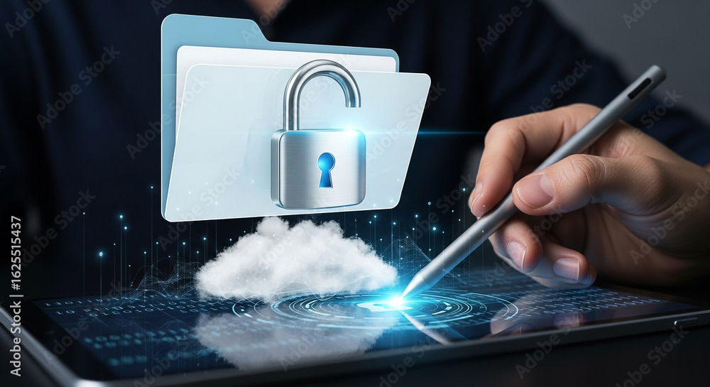 Aufkleber cloud security data protection concept secure file transfer with padlock and digital tablet pen use