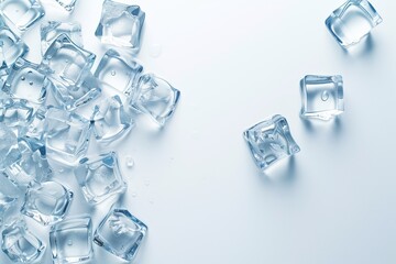 Scattered ice cubes on clean white background, cold beverage concept, minimal mockup scene, bright studio lighting.