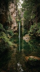 Obraz premium Serene waterfall reflecting nature