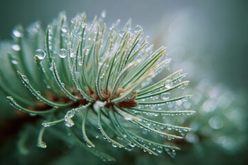 Fototapeta premium Dew Drops on Pine Needles: A Nature's Beauty