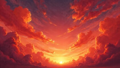 Fiery red sky illustration with dramatic, voluminous clouds bathed in sunset light. Abstract background evokes apocalyptic stormy weather, with vibrant colors, fisheye perspective enhancing dynamic