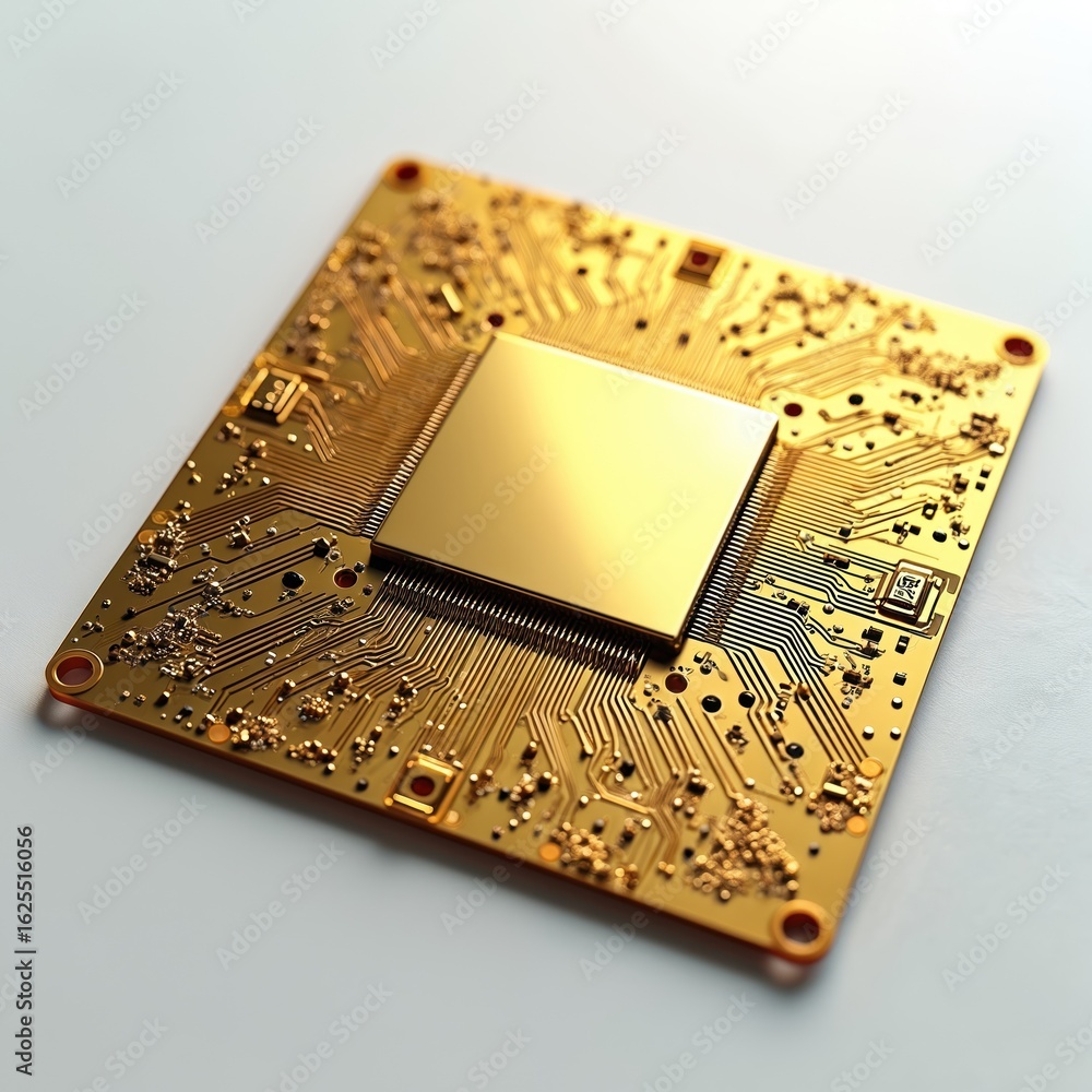 Poster close-up of golden circuit board featuring intricate connections, components. electronic hardware ad