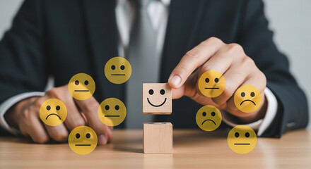 Customer satisfaction feedback concept businessman chooses happy face icon best service rating review 100