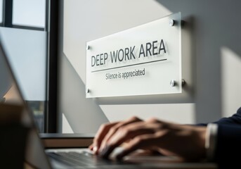 Sign with text "DEEP WORK AREA" on wall. Desk with laptop, notebooks, and pens. distraction-free zone for focused tasks, productivity, work-life balance, mindfulness, efficient home office 