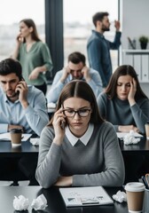 Overworked office team struggles with stress and burnout. Employees at desks with large stacks of paperwork, showing signs of fatigue and pressure under tight deadline in a somber, corporate environ