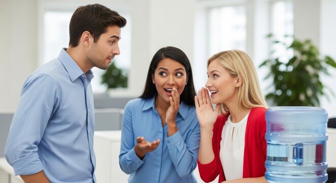 office workers are huddled together, engaged in serious and hushed conversation. woman whispers secret. office gossip, confidential discussions, surprising revelation in modern, open-plan corporate 