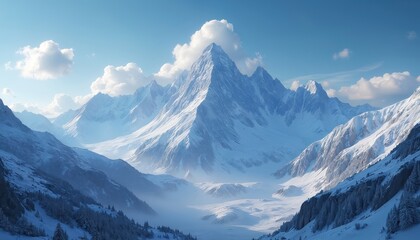Obraz premium Majestic snow-covered mountain range under clear blue sky with fluffy clouds. Jagged peaks pierce atmosphere, vast snowy valleys, rocky outcrops. Landscape evokes sense of extreme cold, adventure,