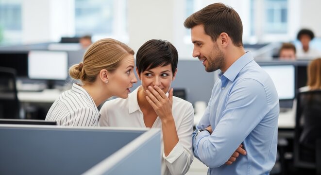 diverse group of colleagues gossiping and sharing secrets in a modern office. Woman whispers to shocked coworker, moment of office rumor and intrigue. Moment of social interaction