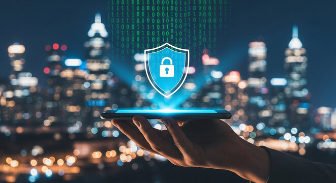 Mobile phone security app data protection online privacy cybersecurity digital safety concept night city