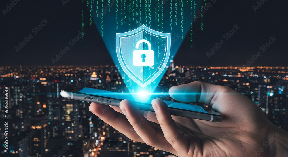 Poster mobile security app concept with shield and padlock on smartphone for data protection and privacy on