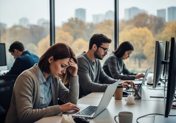 group of office workers in different levels of engagement during workday. businesswoman bored and stressed while working on laptop. symbol of burnout, procrastination, lack of motivation in workplace