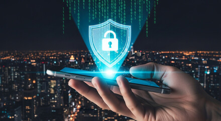 Mobile security app concept with shield and padlock on smartphone for data protection and privacy online