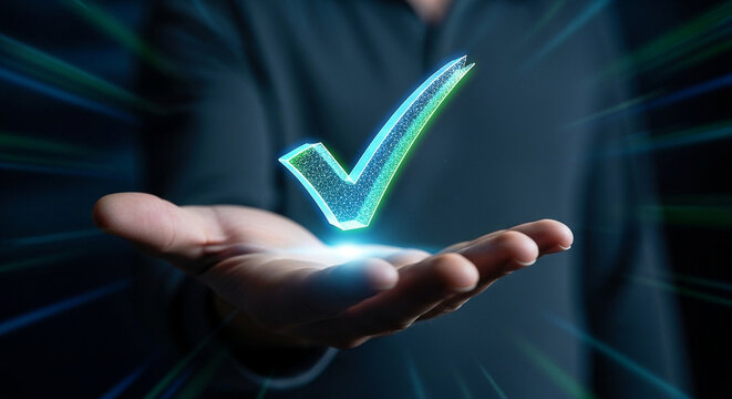 Hand holding glowing check mark icon concept for approval success and validation symbol design art