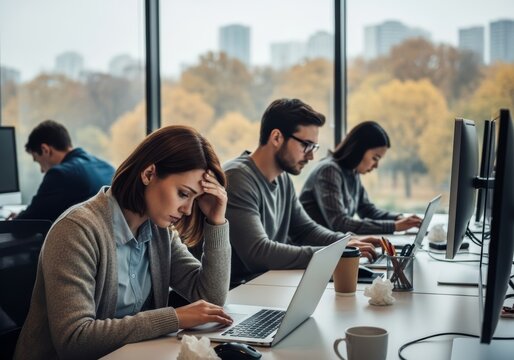 group of office workers in different levels of engagement during workday. businesswoman bored and stressed while working on laptop. symbol of burnout, procrastination, lack of motivation in workplace