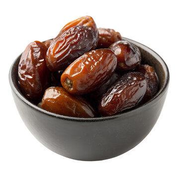 A small black bowl filled with a pile of ripe, brown dates, showcasing their wrinkled texture and natural sweetness.