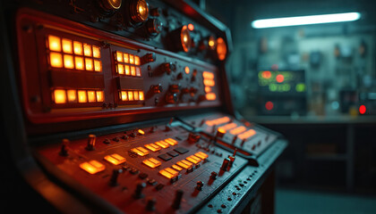 Naklejka premium Retro 80s sci-fi lab control panel features illuminated buttons, switches. Moody, dark atmosphere with glowing orange lights, detailed wiring. Vintage technology interface for research or experiments.
