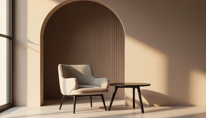 Beige minimalist armchair and round table in modern archway room. Warm neutral palette with natural fabric textures. Elegant contemporary style for cosy home decorating, apartment interior.