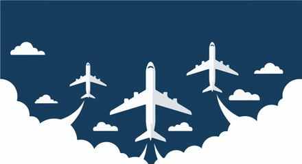 Silhouette planes flying through stylized clouds against a dark background.