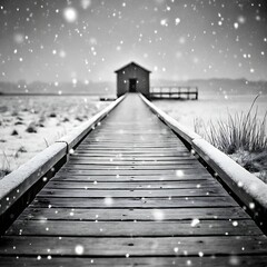 Obraz premium Wooden boardwalk leading to a house in a snowy winter landscape