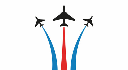 Three stylized jet aircraft soaring upwards, leaving colored contrails against white background.