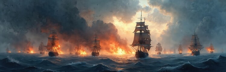 Fototapeta premium Watercolor painting of 17th century naval battle at sea. Numerous wooden sailing ships engage in combat amidst fiery explosions, dramatic clouds. Victory defeat unfolds on ocean horizon, evoking