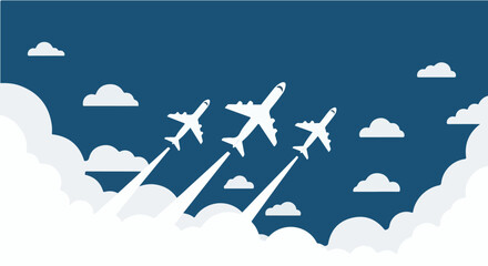 Three airplanes ascend into a blue sky with white clouds, leaving contrails behind.
