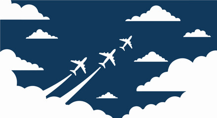 Silhouette planes flying through clouds in a dark blue sky.