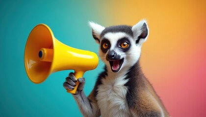 Playful ring-tailed lemur holds yellow megaphone announcing event. Cheerful primate with expressive eyes and mouth open against colorful teal orange pink gradient background.