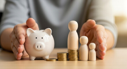 Family financial planning saving money for future investment with piggy bank and budget security