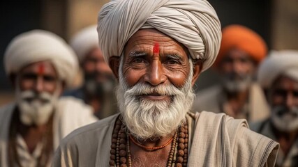 Portrait of a Smiling Elderly Indian Man in Traditional Turban and Prayer Beads - Powered by Adobe