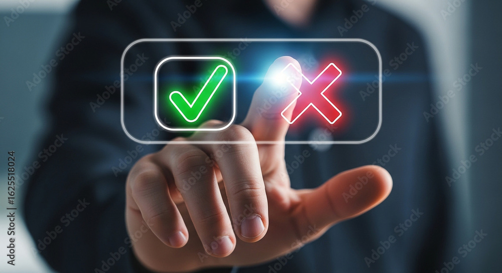 Poster check mark and cross choice decision making concept right or wrong selection interface technology