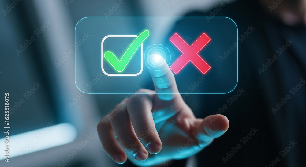 Poster check mark and cross choice concept: right or wrong selection on digital interface with finger touch
