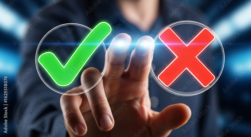 Poster choosing right or wrong decision concept with check mark and cross mark for business and personal ch