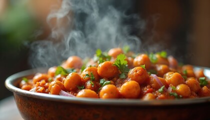 Steaming bowl of Chana Masala, authentic Indian chickpea curry with tomatoes, onions, coriander. Hearty, spicy, healthy vegetarian dish popular choice for lunch dinner, offering taste of traditional