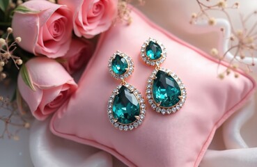 Teal gemstone earrings with sparkling diamond accents rest on soft pink pillow. Elegant teardrop jewels feature intricate settings, luxurious design, perfect for special occasions as chic gift idea.