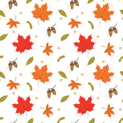 Seamless autumn pattern with colorful maple leaves, acorns, seeds, and foliage. Hand-drawn seasonal design in warm tones for fall-themed packaging, textiles, and stationery.
