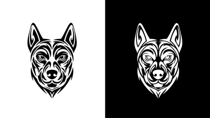 A stylized tribal dog's head, powerfully rendered in black and white, projects an intense and watchful presence.