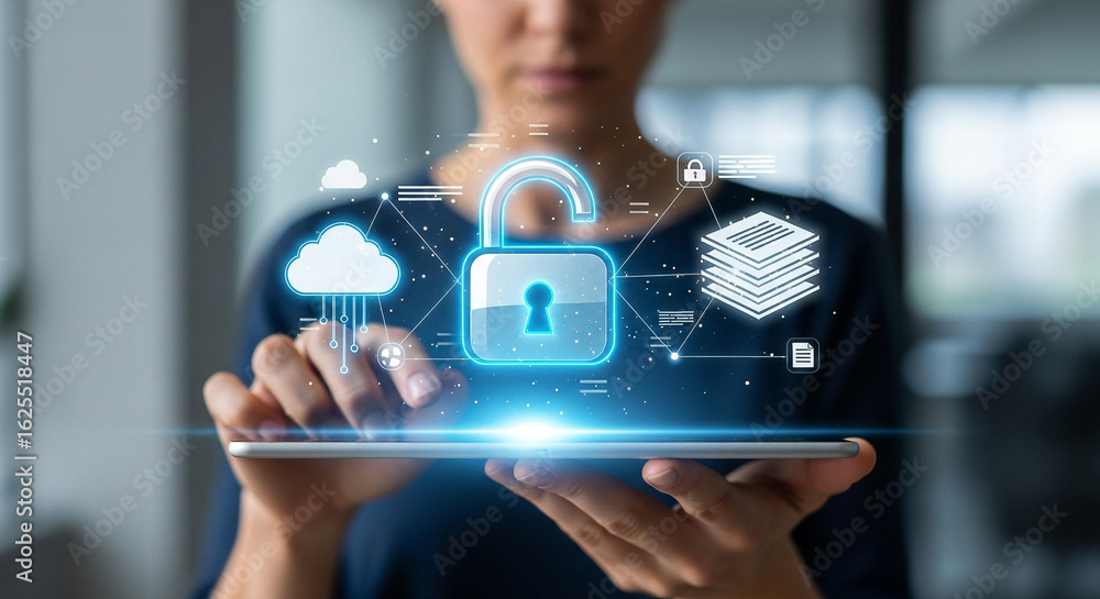 Poster cyber security concept unlock with cloud computing and data protection on tablet for business