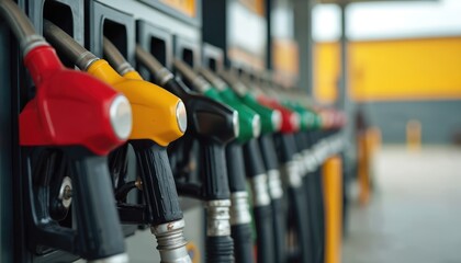 Row of colorful gas pump nozzles in red, yellow, green, black stands at service station. Focus on distribution equipment for gasoline, diesel fuel, vital for transportation, industry. Represents