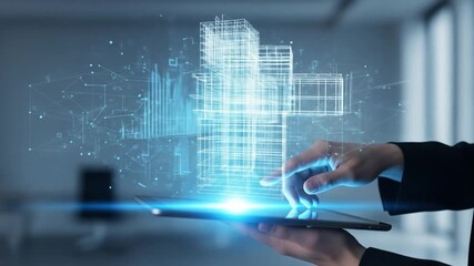 Digital Urban Planning: Hand Interacting with Holographic City Model on Tablet - Powered by Adobe