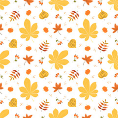 Seamless autumn pattern with chestnut, maple, and birch leaves, berries, and physalis. Hand-drawn fall botanical elements for seasonal wrapping paper, fabric, and decor.