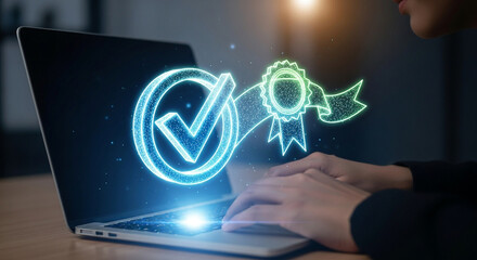 Check mark quality assurance on laptop for digital compliance and standard certification process online 100%