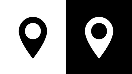 A minimalist location marker icon, presented in black and white, symbolizes navigation and placefinding.