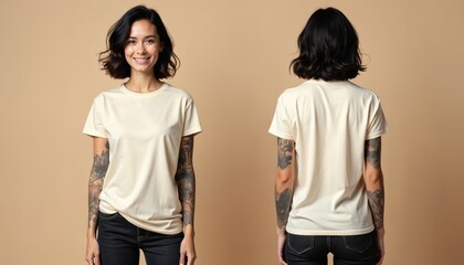 Model displays blank cream t-shirt front, back. Tattooed arms visible. Casual attire includes jeans. Clean studio mockup perfect for retail, fashion brands, custom designs apparel prints.