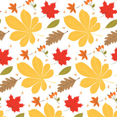 Seamless pattern with yellow chestnut leaves, red maple leaves, brown oak leaves, green foliage, and berries on white background. Perfect for autumn designs, fabric, and wrapping paper.