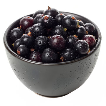 Fresh blackcurrants in a dark bowl, glistening with water droplets.