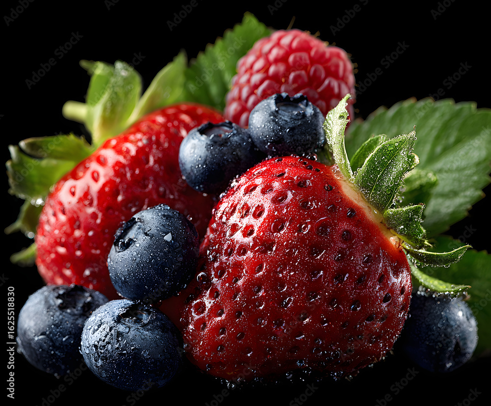 Poster a vibrant display of fresh berries featuring strawberries blueberries and a raspberry on a black bac