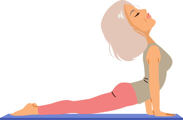 Cartoon vector illustration of an elderly woman doing yoga pose trying to stay healthy. Clip art for wellness, health, fitness, senior lifestyle and active aging content