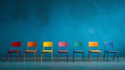 Seven colorful vintage chairs in a row against a vivid blue wall, showing signs of age and personality
